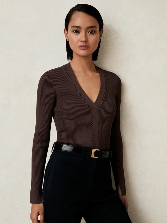 Craft-Stitch Rib-Knit Top in Mocha Brown Women | Reiss