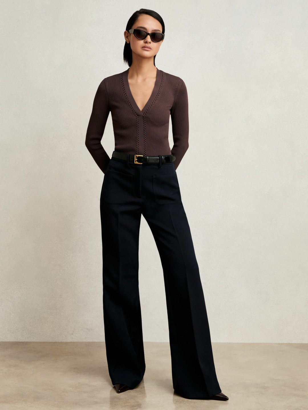 Craft-Stitch Rib-Knit Top in Mocha Brown Women | Reiss