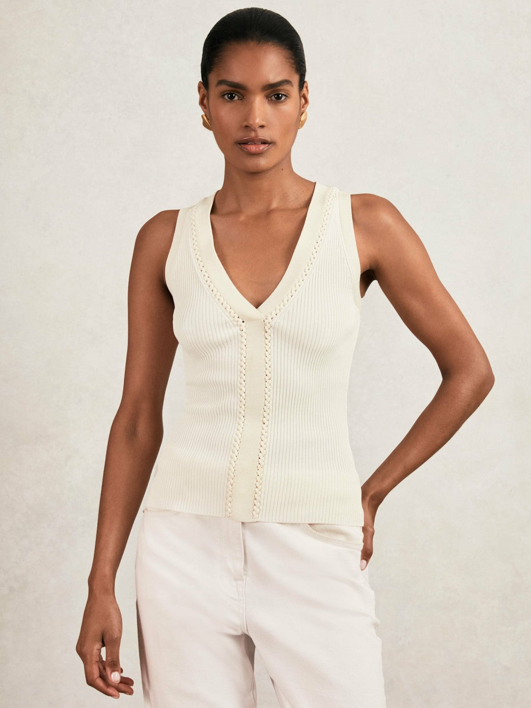 Craft-Stitch Rib-Knit Vest in Ivory/Ecru Women | Reiss