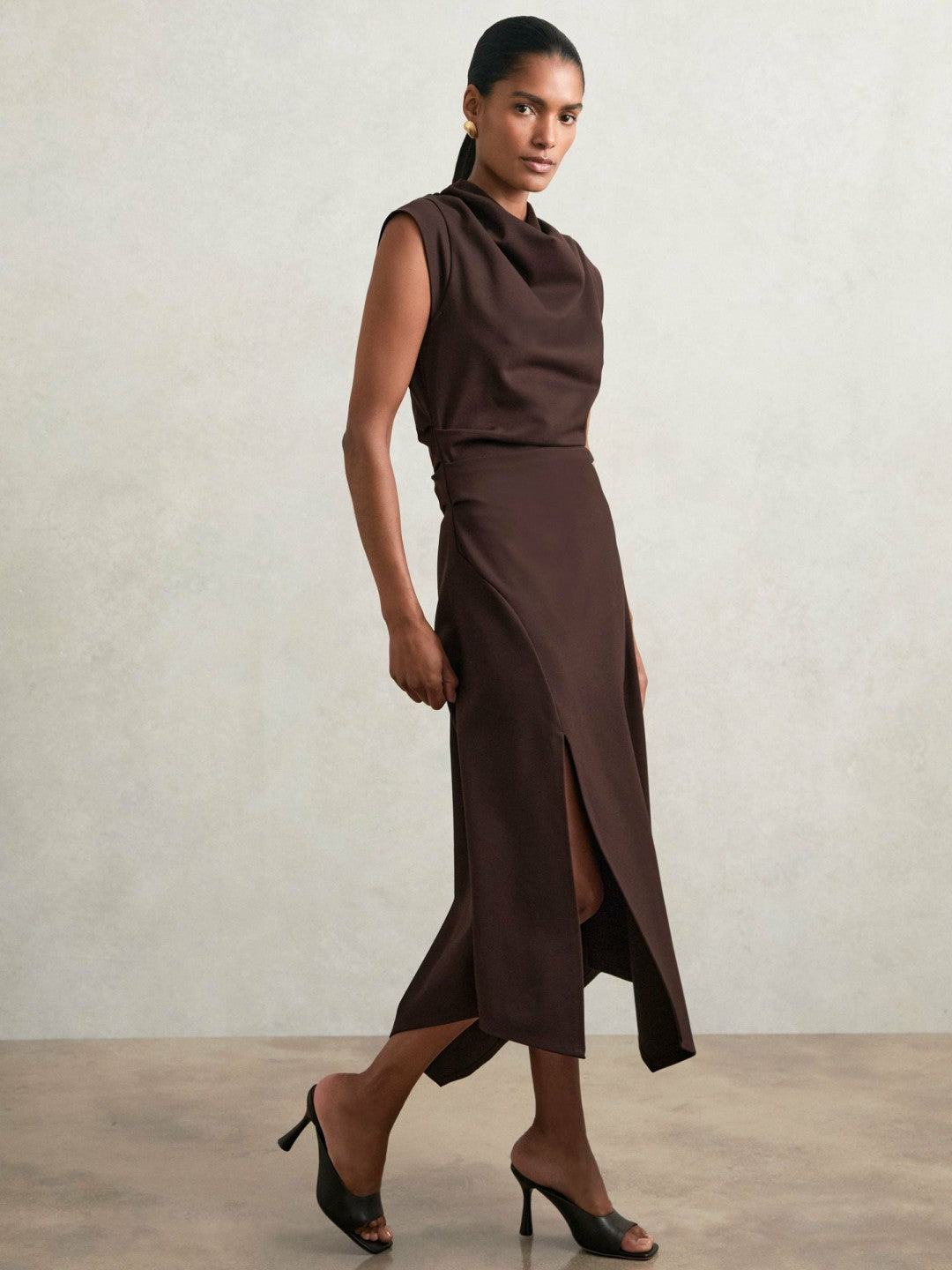 Twill-Jersey Draped Midi Dress in Burgundy Women | Reiss