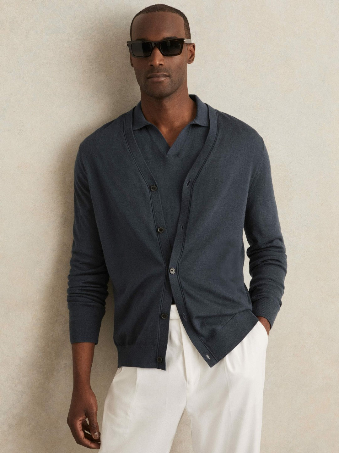 Merino Wool Button-Through Cardigan in Midnight Navy Men | Reiss