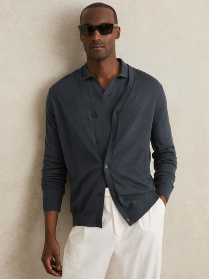 Merino Wool Button-Through Cardigan in Midnight Navy Men | Reiss