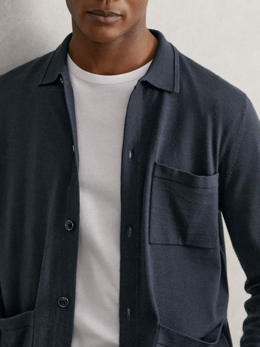 Merino Wool Button-Through Shirt in Midnight Navy Men | Reiss