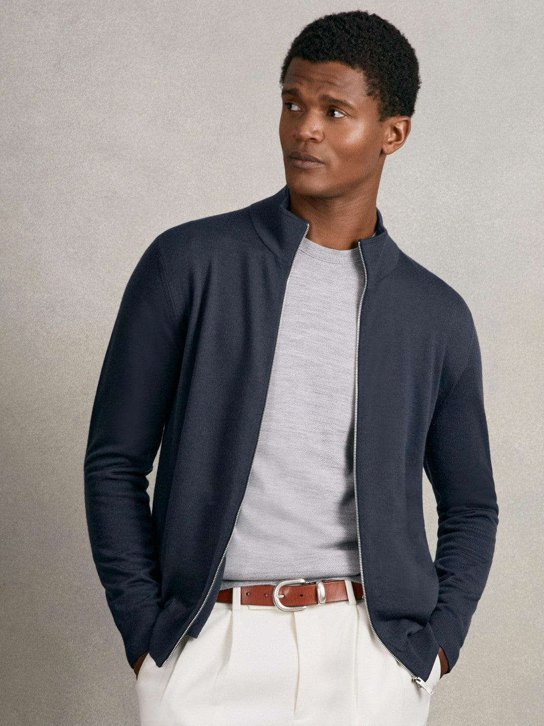 Merino Wool Zip Through Cardigan in Midnight Navy Men | Reiss