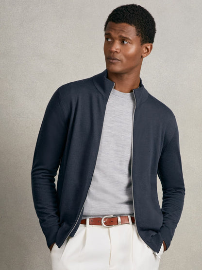 Merino Wool Zip Through Cardigan in Midnight Navy Men | Reiss