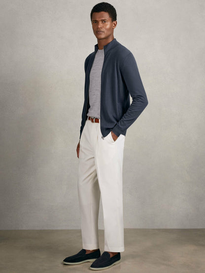 Merino Wool Zip Through Cardigan in Midnight Navy Men | Reiss