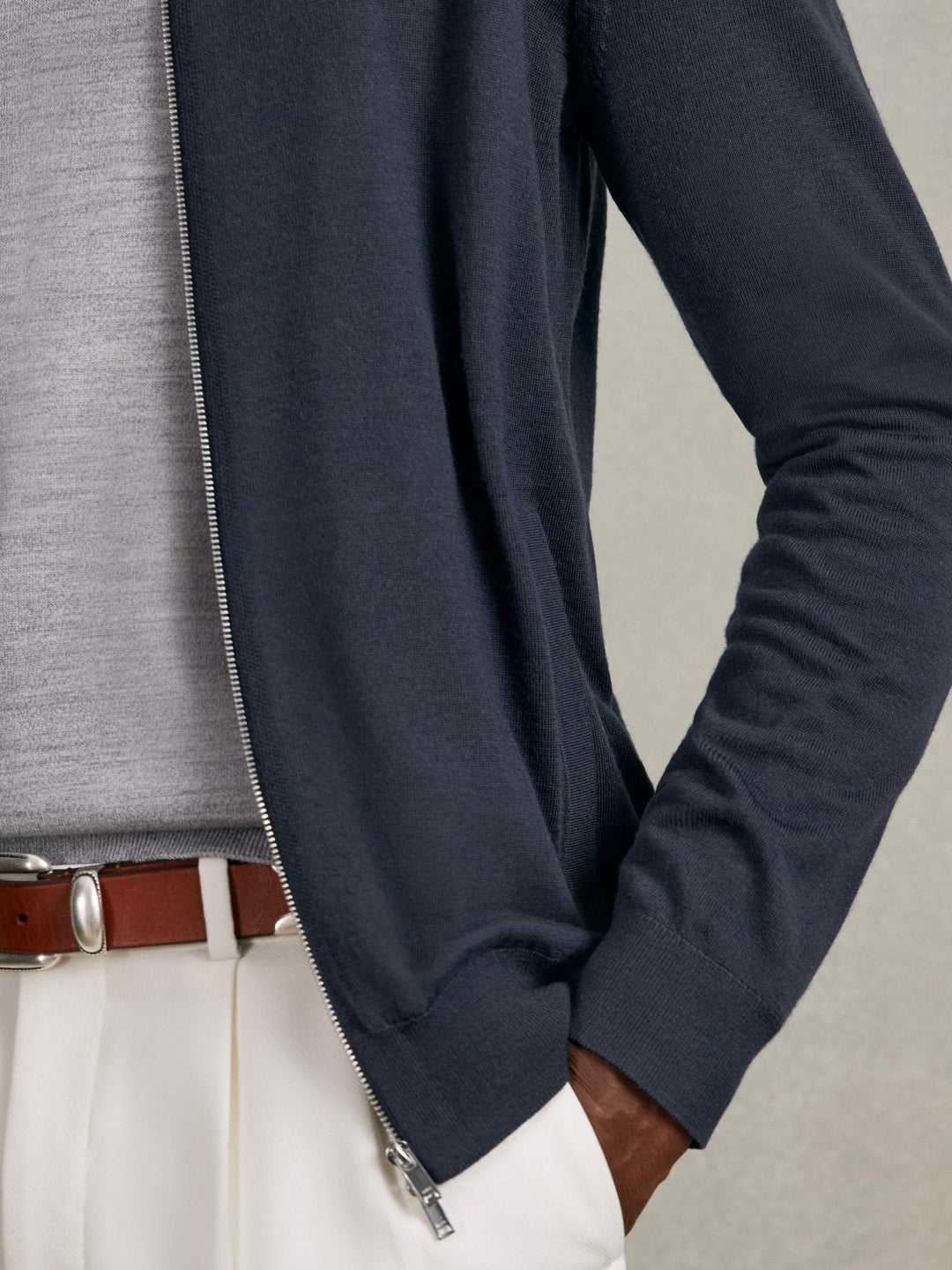 Merino Wool Zip Through Cardigan in Midnight Navy Men | Reiss