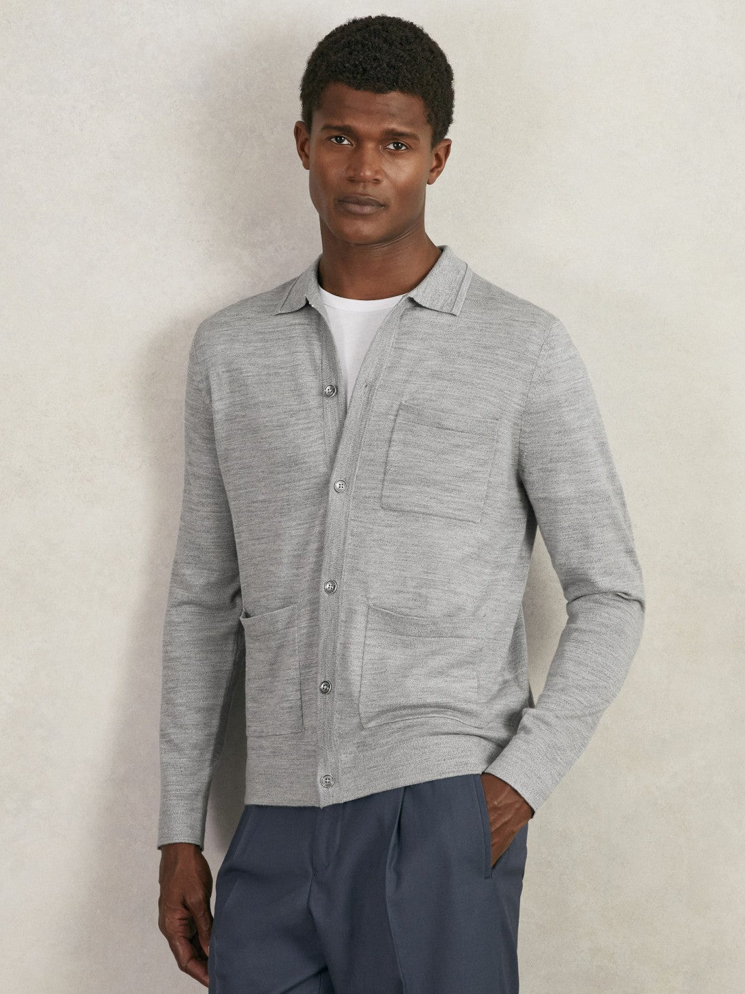 Merino Wool Button-Through Shirt in Soft Grey Mouline Men | Reiss