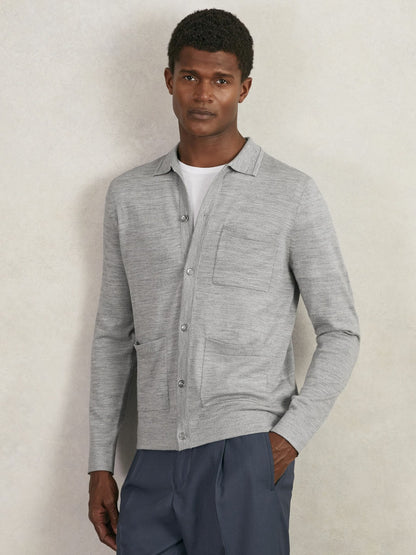 Merino Wool Button-Through Shirt in Soft Grey Mouline Men | Reiss