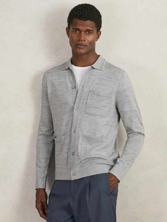 Merino Wool Button-Through Shirt in Soft Grey Mouline Men | Reiss