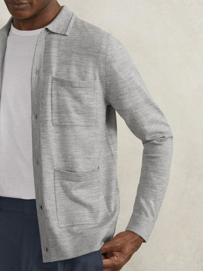 Merino Wool Button-Through Shirt in Soft Grey Mouline Men | Reiss