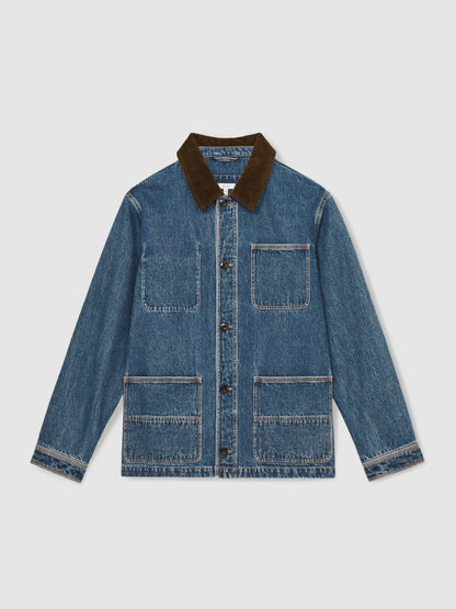 Corduroy Collar Denim Worker Jacket in Denim Blue Men | Reiss