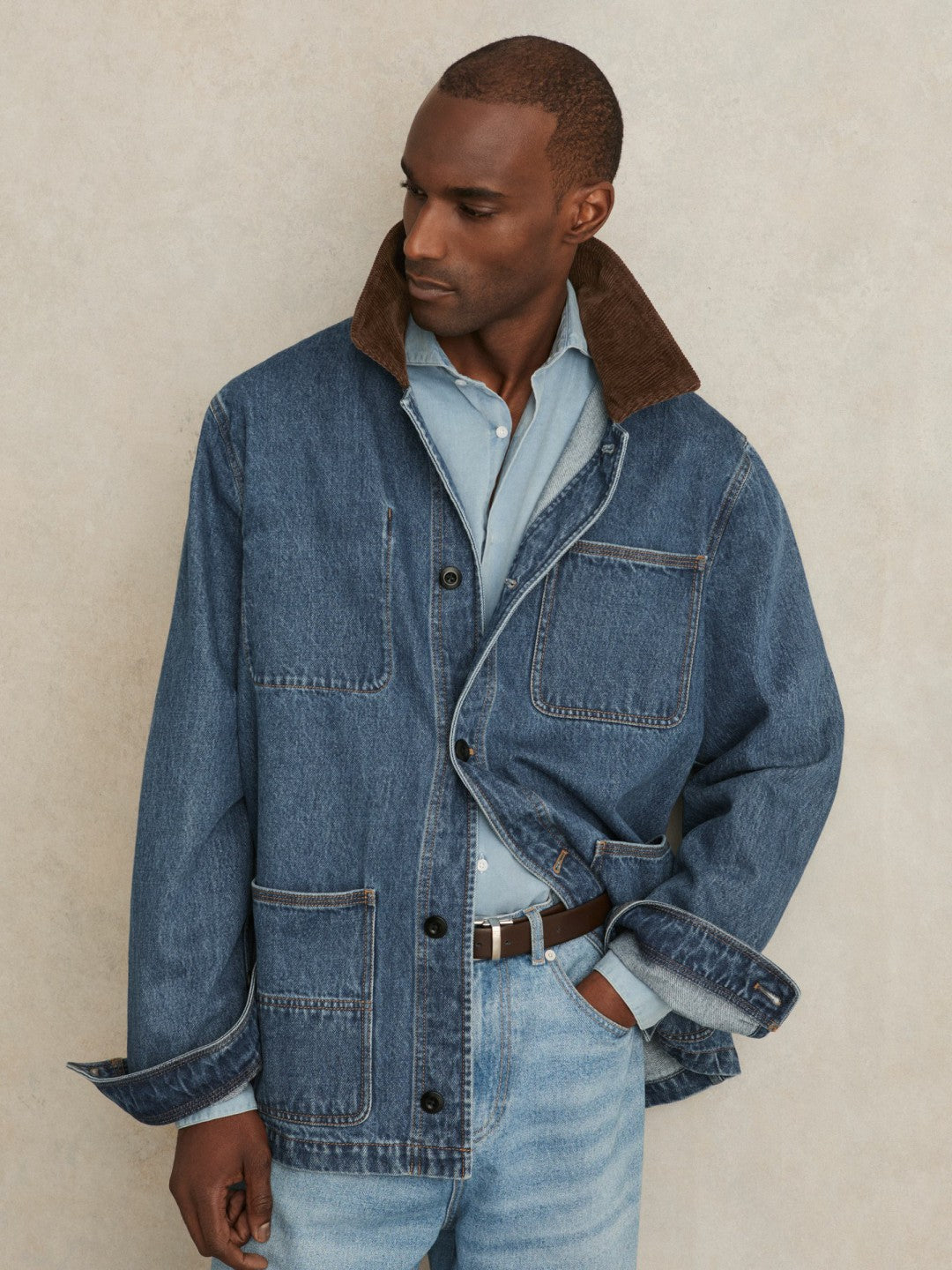 Corduroy Collar Denim Worker Jacket in Denim Blue Men | Reiss
