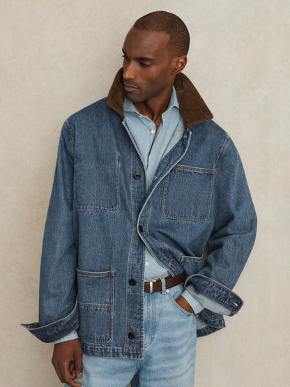 Corduroy Collar Denim Worker Jacket in Denim Blue Men | Reiss