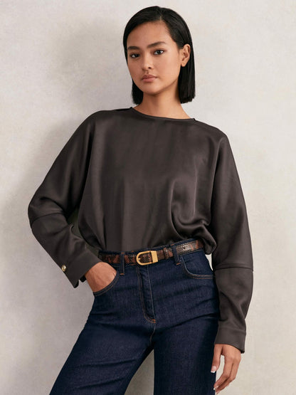 Satin Button-Back Long-Sleeve Top in Mauve Women | Reiss