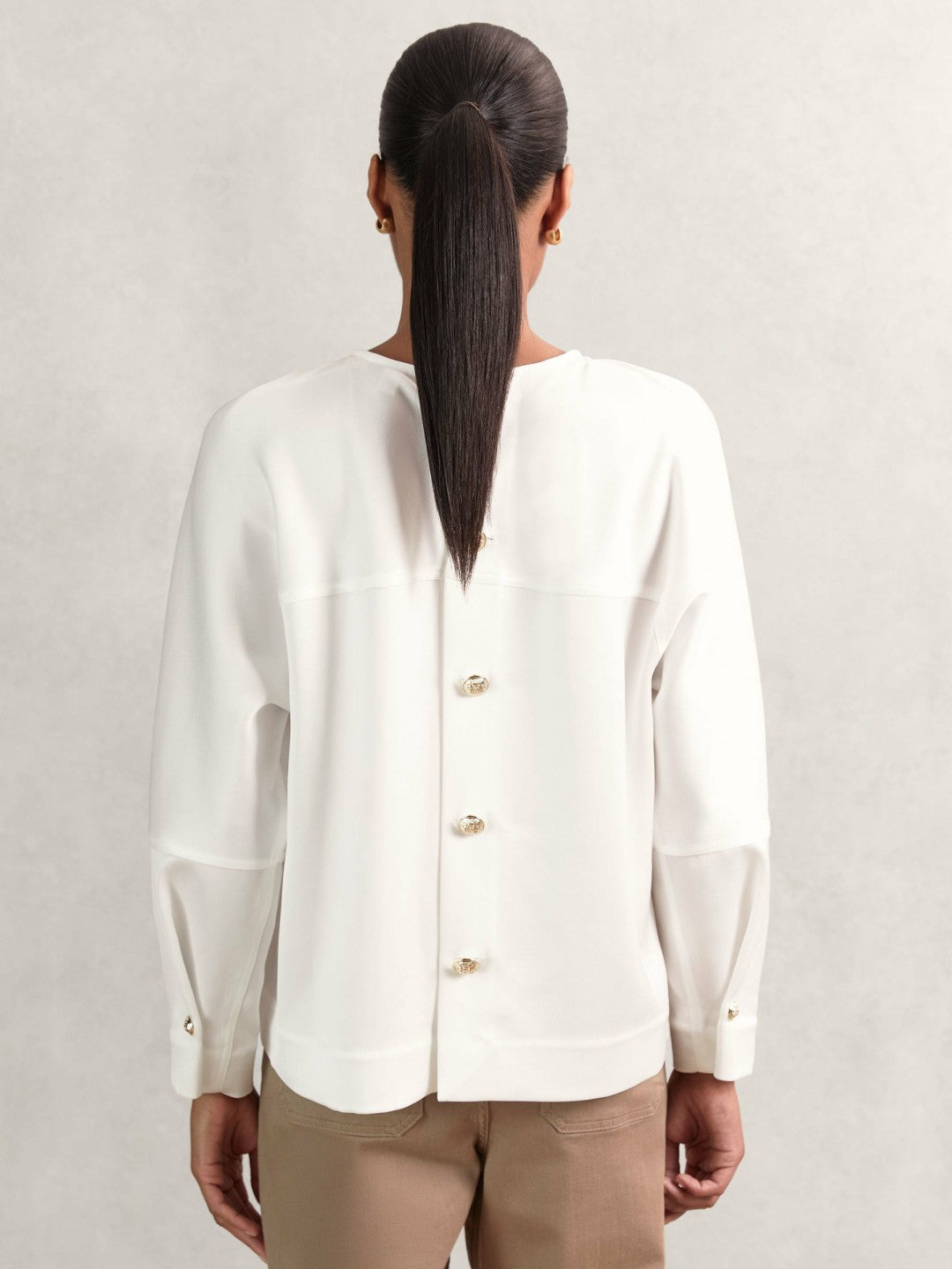Satin Button-Back Long-Sleeve Top in Ivory Women | Reiss