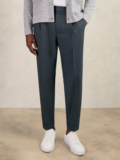Relaxed-Fit Pleated Tapered Trousers in Steel Blue Men | Reiss