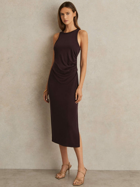 Jersey Ruched Racer Midi Dress in Burgundy Women | Reiss