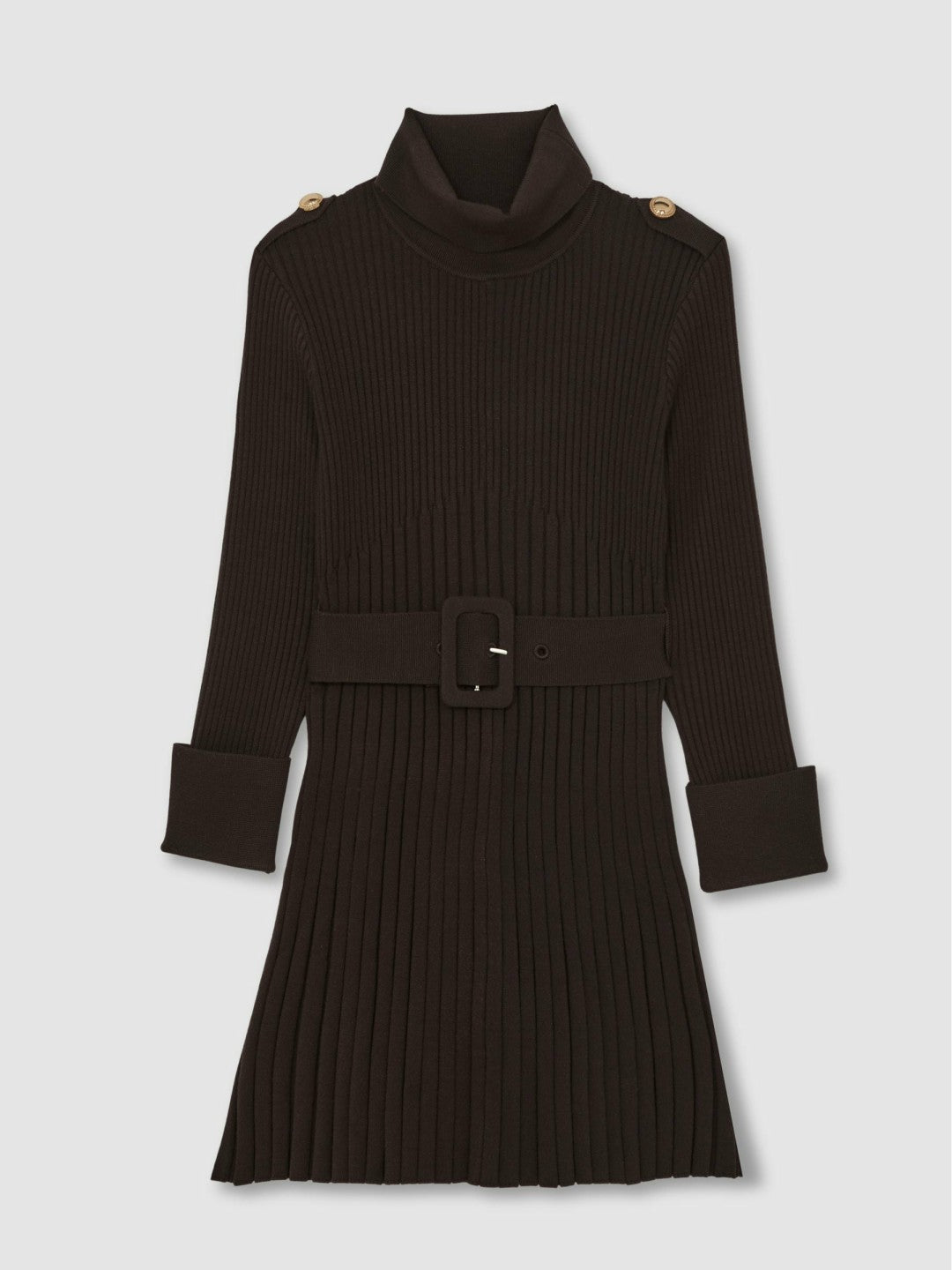 9-13 yrs Rib-Knit Roll-Neck Belted Dress in Chocolate Children & Baby | Reiss