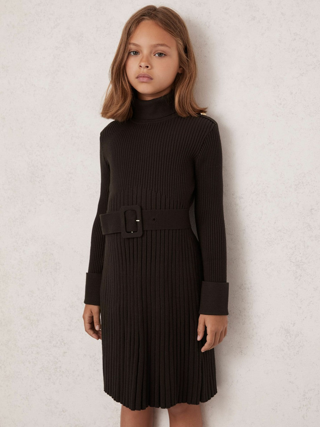 9-13 yrs Rib-Knit Roll-Neck Belted Dress in Chocolate Children & Baby | Reiss