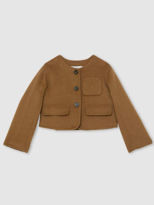 13-14 yrs Wool-Blend Cropped Collarless Jacket in Camel Children & Baby | Reiss