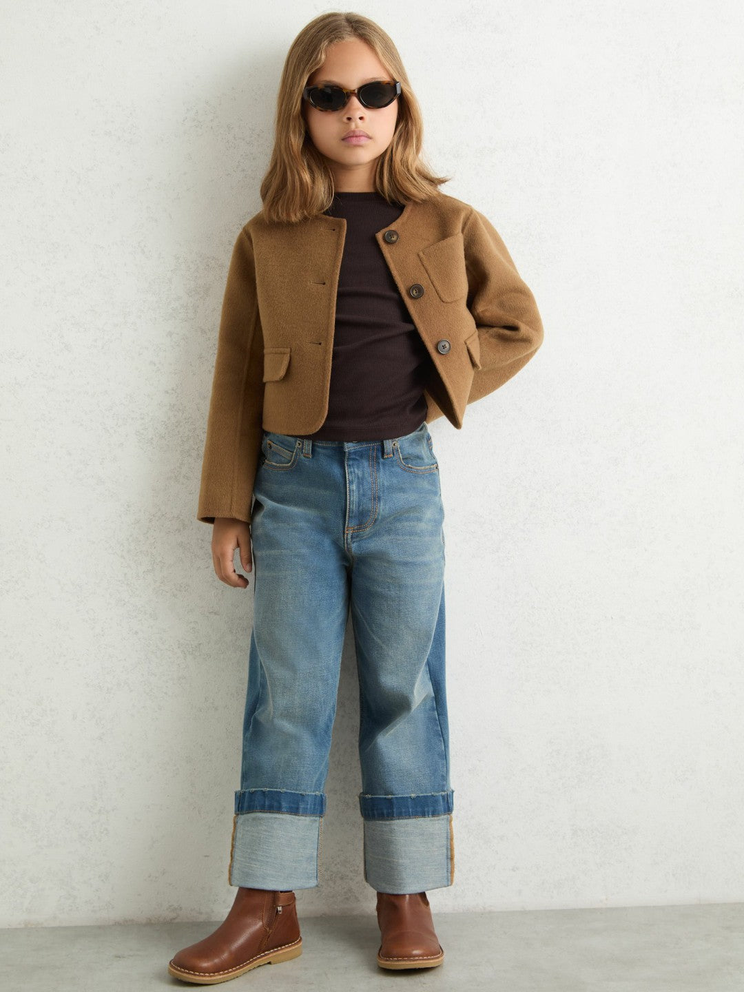 13-14 yrs Wool-Blend Cropped Collarless Jacket in Camel Children & Baby | Reiss