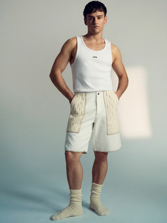 | Tom Daley Crochet Denim Shorts in Off White Men | Reiss