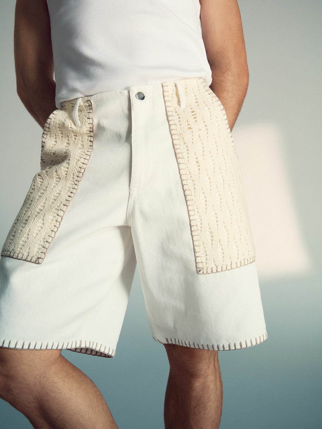| Tom Daley Crochet Denim Shorts in Off White Men | Reiss