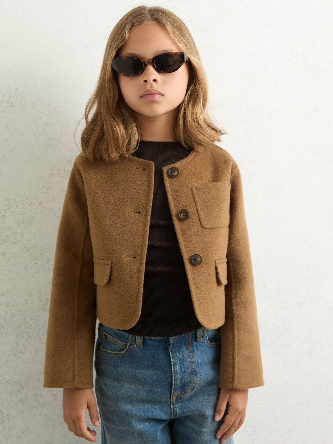 9-13 yrs Wool-Blend Cropped Collarless Jacket in Camel Children & Baby | Reiss