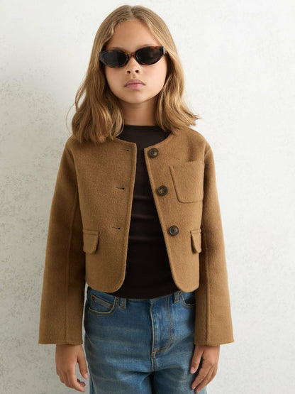 3-9 yrs Wool-Blend Cropped Collarless Jacket in Camel Children & Baby | Reiss