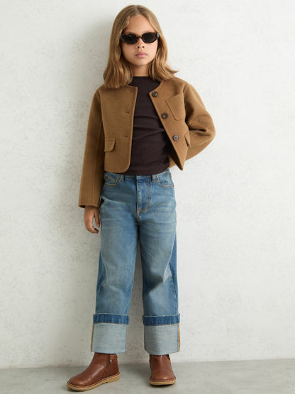 3-9 yrs Wool-Blend Cropped Collarless Jacket in Camel Children & Baby | Reiss