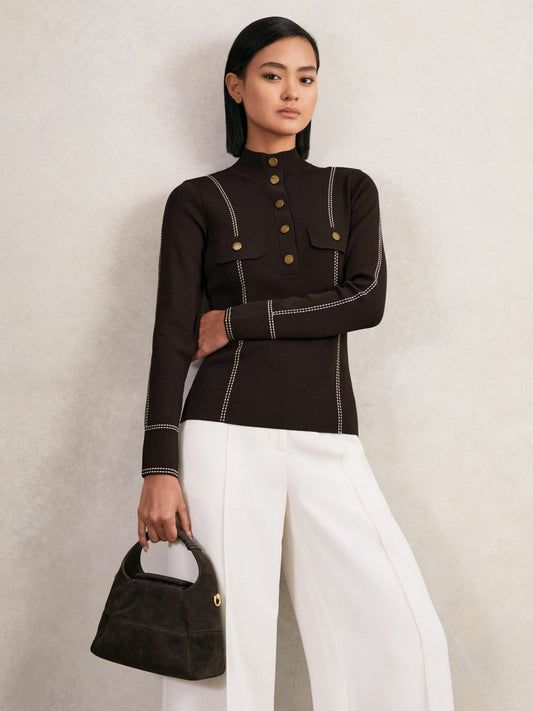 Contrast-Stitch Knit Top in Burgundy Women | Reiss