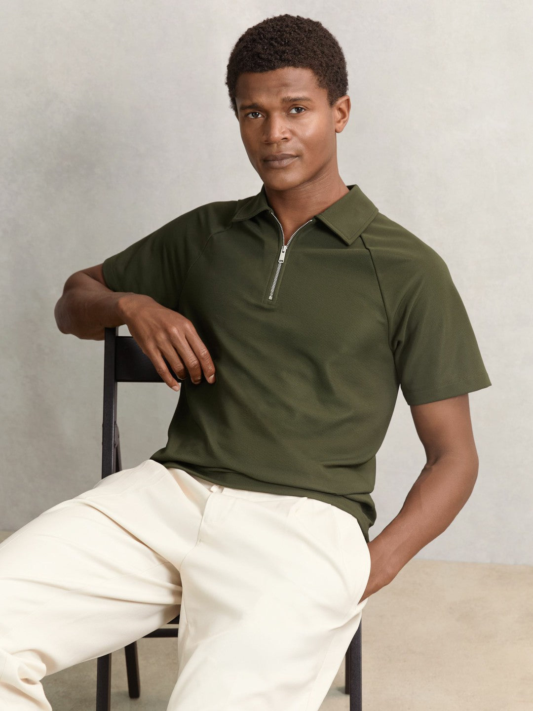 Textured Raglan Half-Zip Polo Shirt in Green Men | Reiss