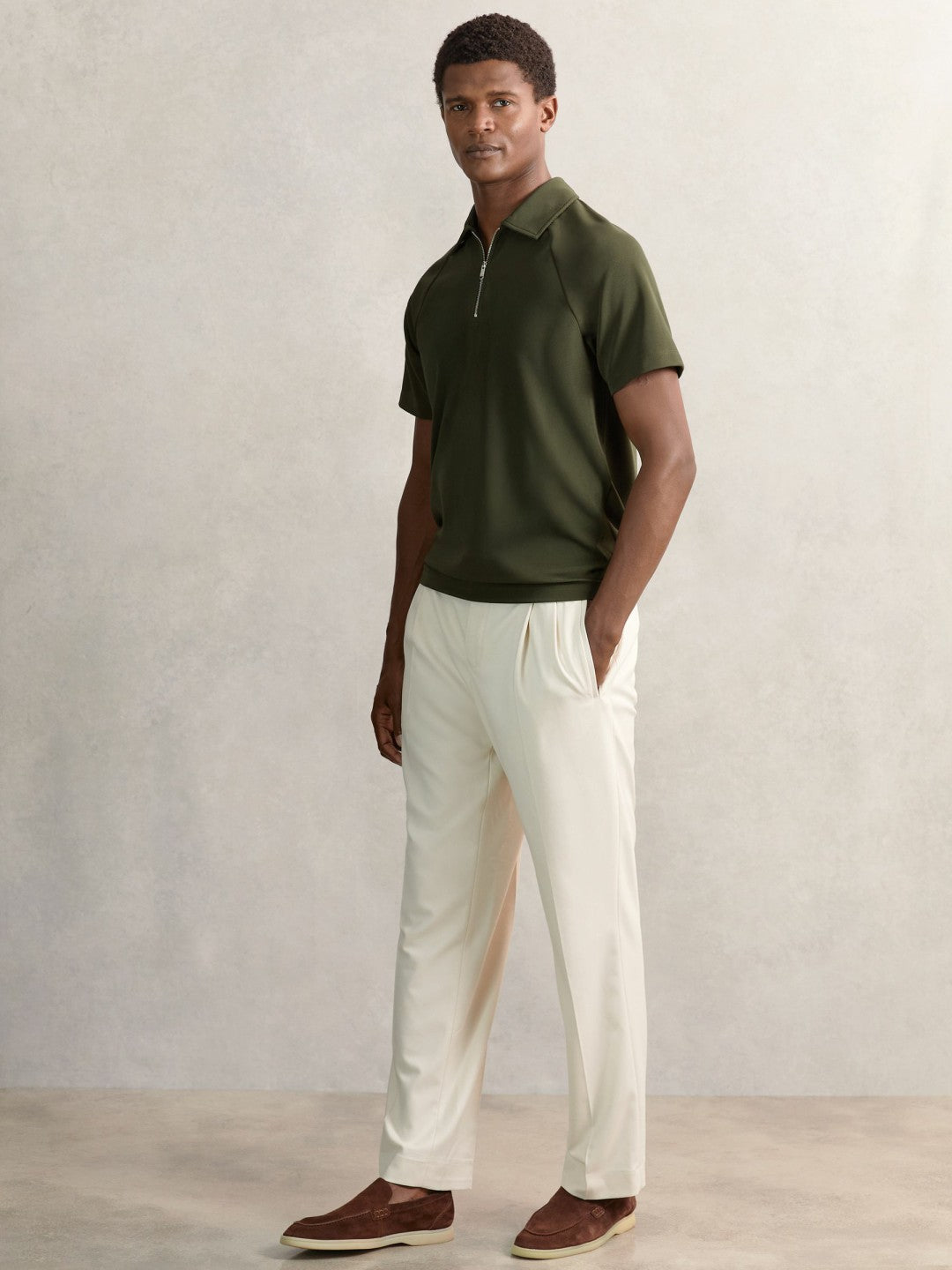 Textured Raglan Half-Zip Polo Shirt in Green Men | Reiss