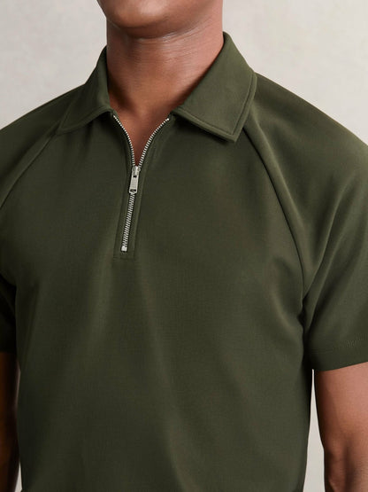 Textured Raglan Half-Zip Polo Shirt in Green Men | Reiss