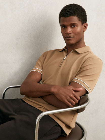 Textured Half-Zip Tipped Polo Shirt in Camel Men | Reiss