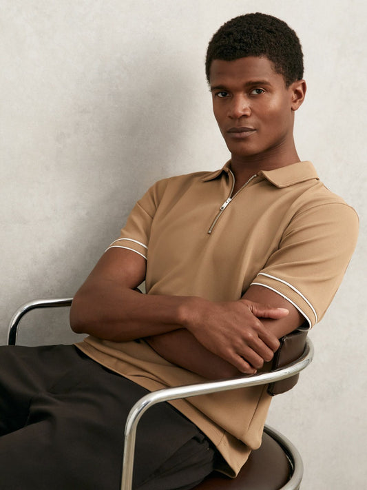 Textured Half-Zip Tipped Polo Shirt in Camel Men | Reiss