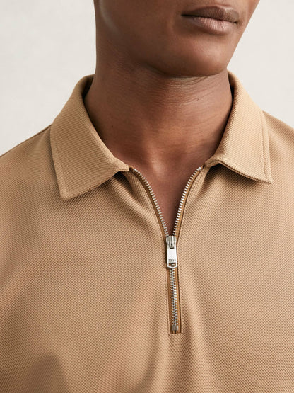 Textured Half-Zip Tipped Polo Shirt in Camel Men | Reiss