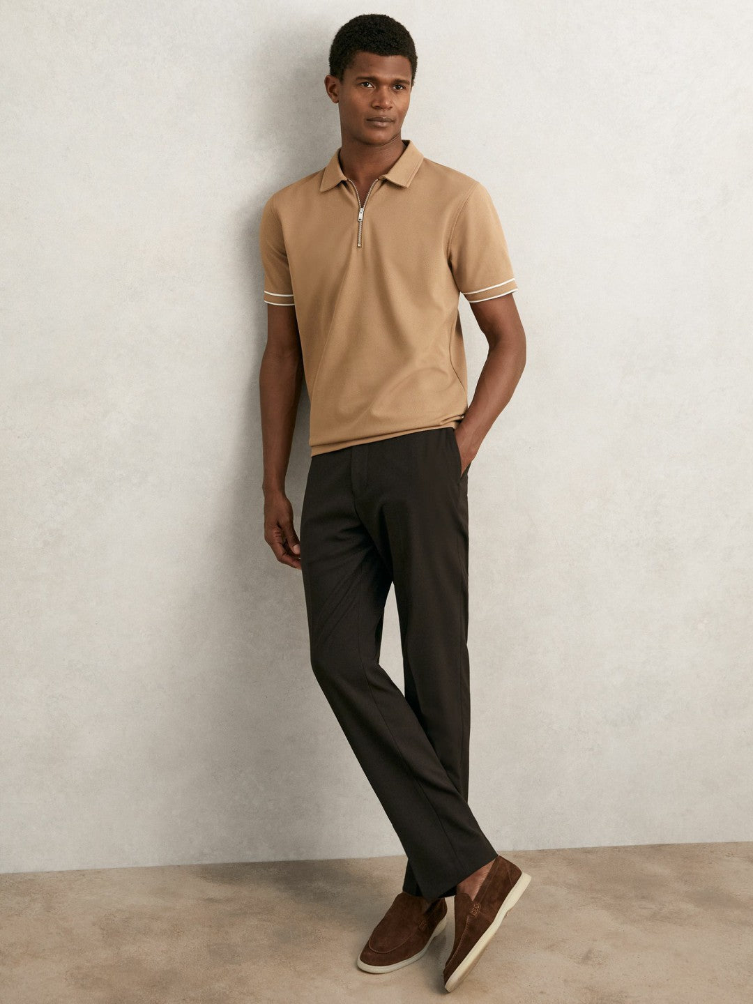 Textured Half-Zip Tipped Polo Shirt in Camel Men | Reiss