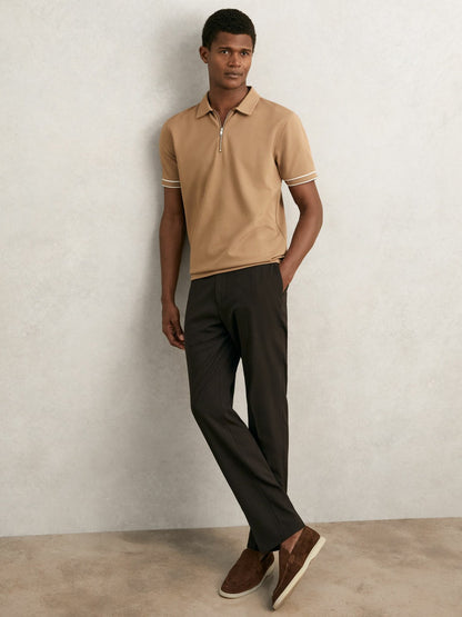 Textured Half-Zip Tipped Polo Shirt in Camel Men | Reiss