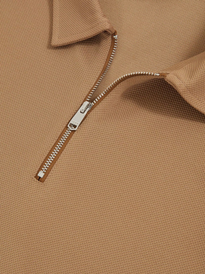 Textured Half-Zip Tipped Polo Shirt in Camel Men | Reiss