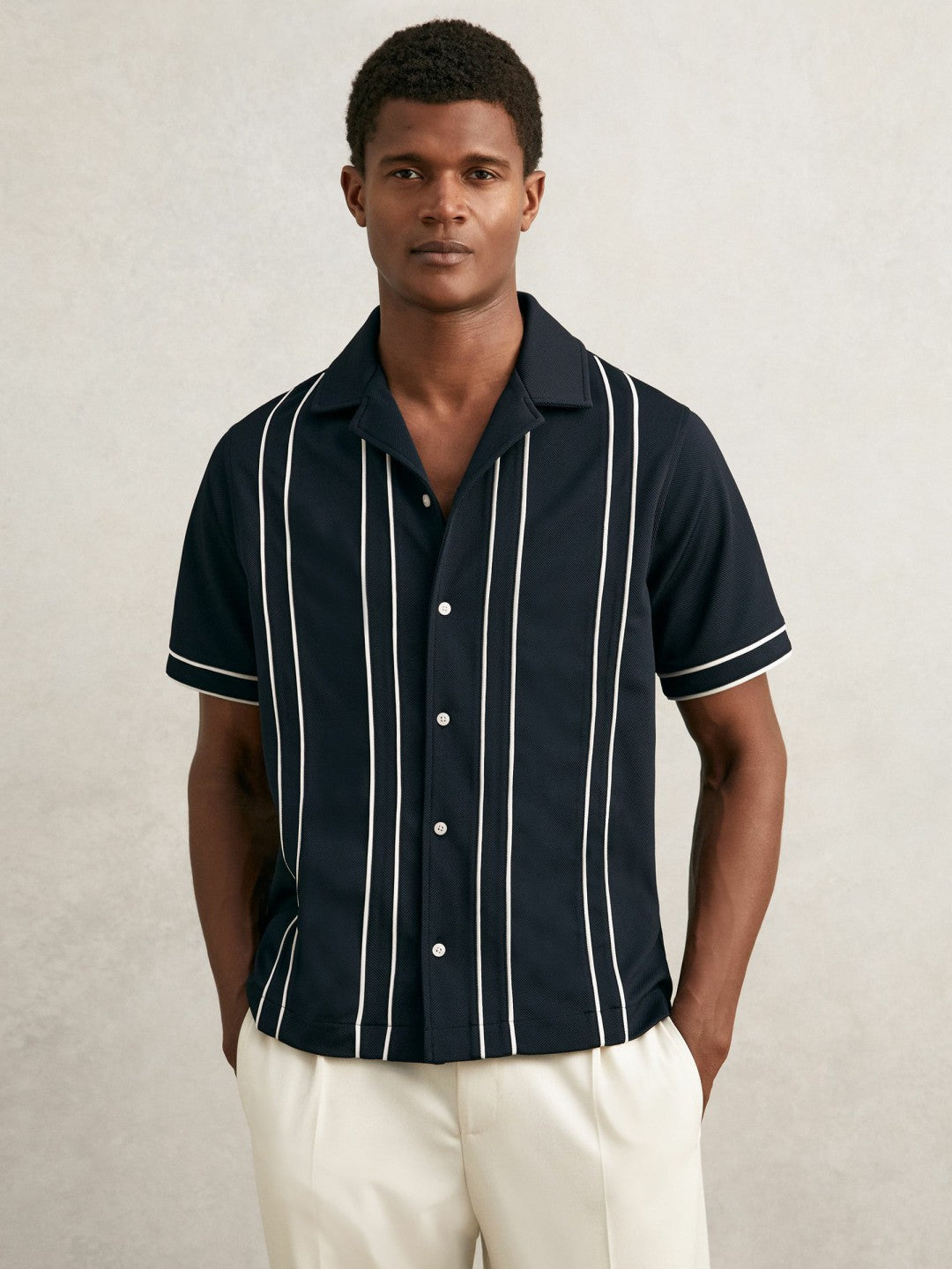 Piped-Stripe Cuban-Collar Shirt in Navy/White Men | Reiss