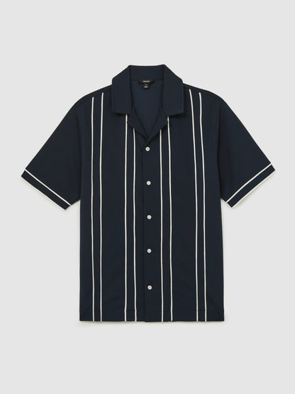 Piped-Stripe Cuban-Collar Shirt in Navy/White Men | Reiss