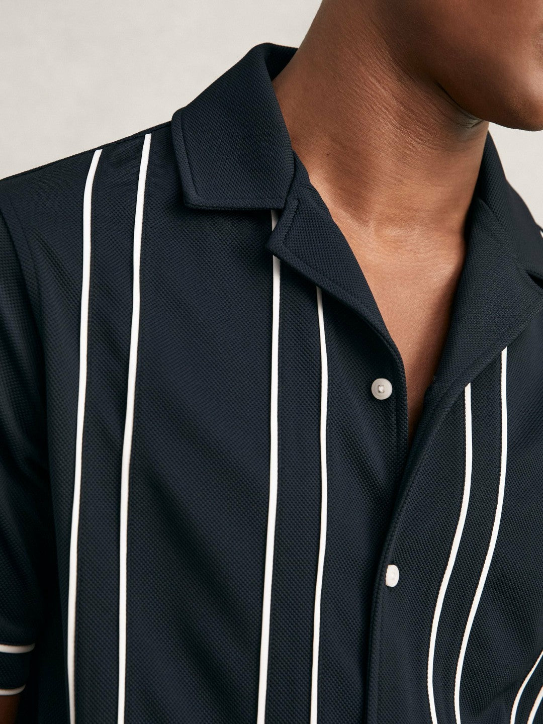 Piped-Stripe Cuban-Collar Shirt in Navy/White Men | Reiss