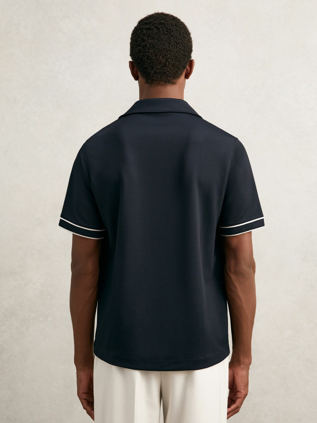 Piped-Stripe Cuban-Collar Shirt in Navy/White Men | Reiss