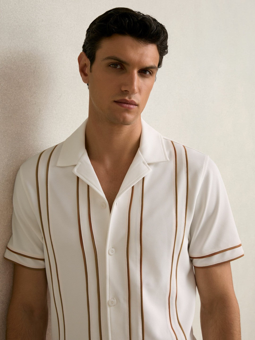 Piped-Stripe Cuban-Collar Shirt in White/Camel Men | Reiss