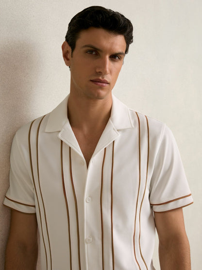 Piped-Stripe Cuban-Collar Shirt in White/Camel Men | Reiss