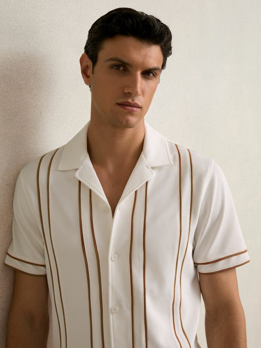 Piped-Stripe Cuban-Collar Shirt in White/Camel Men | Reiss