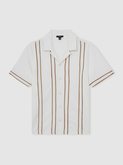 Piped-Stripe Cuban-Collar Shirt in White/Camel Men | Reiss