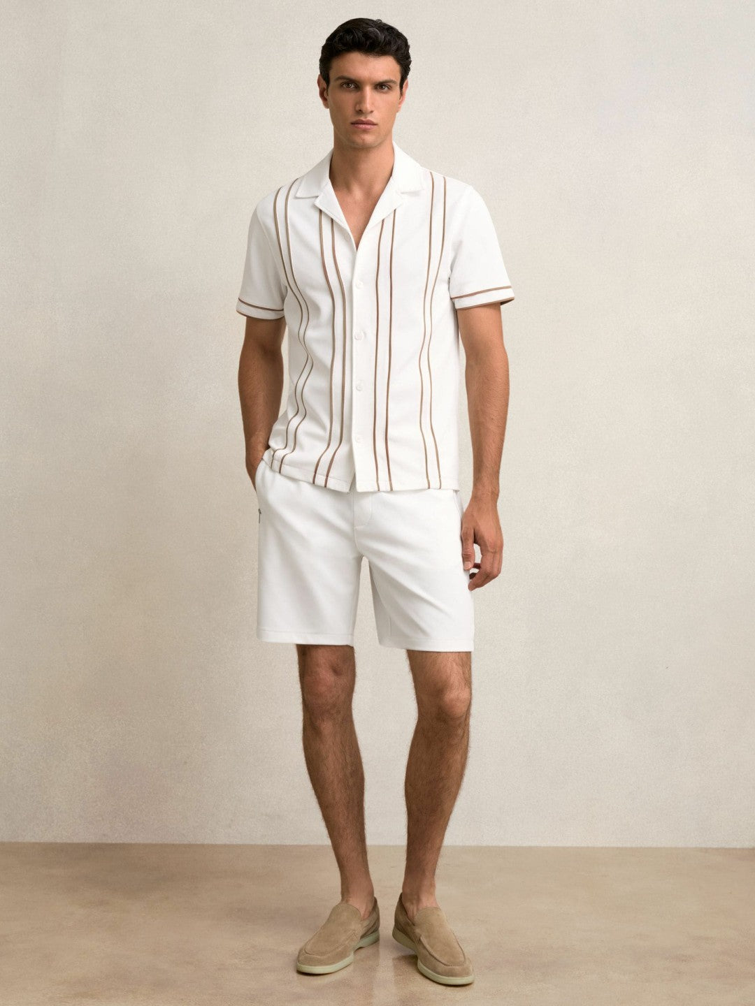 Piped-Stripe Cuban-Collar Shirt in White/Camel Men | Reiss